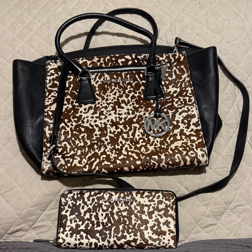 Michael Kors Black and Brown Cowhide Satchel and Wallet Set
